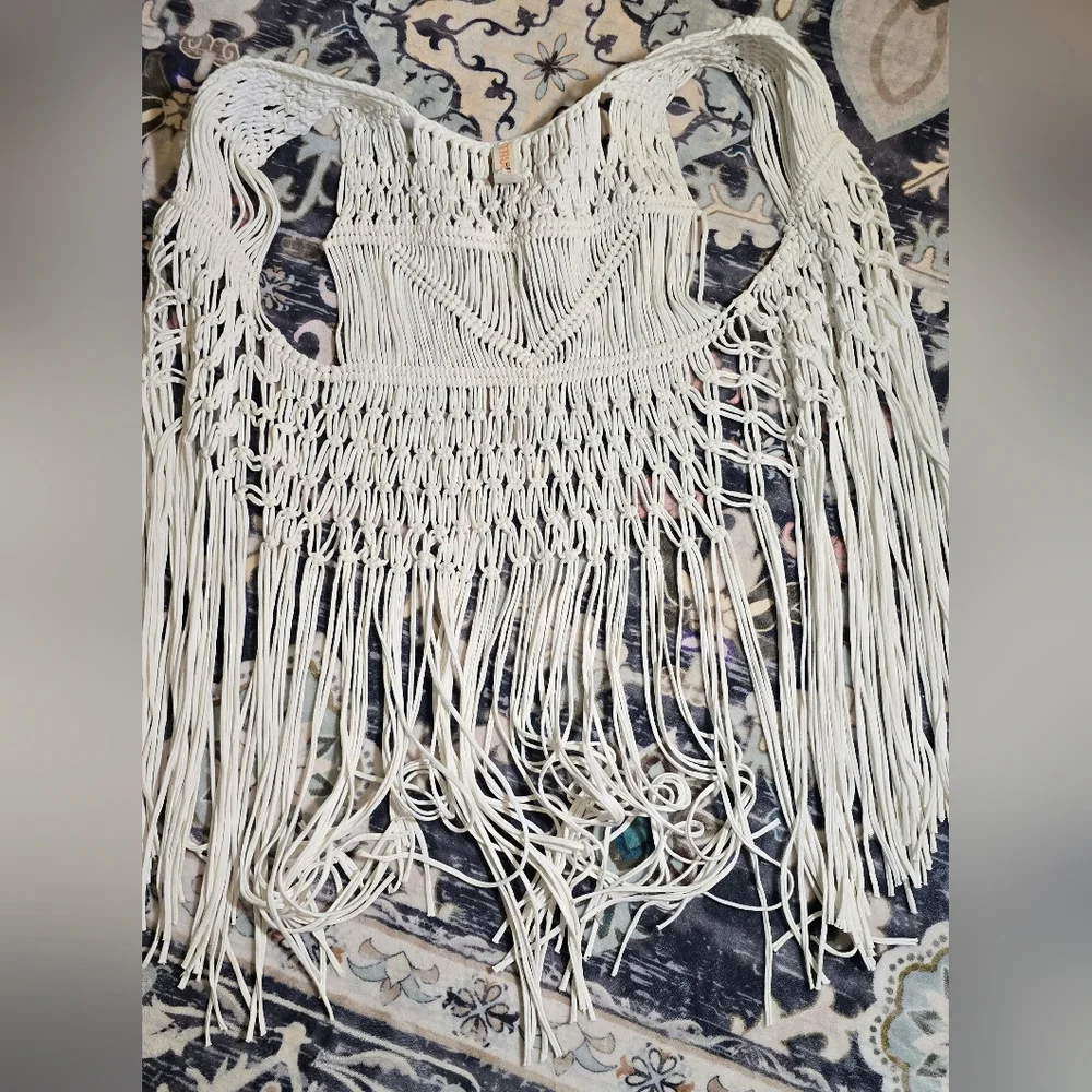 TRULUV White Macrame Fringe Vest Cotton Boho Festival Crochet Country Concert - Picture 6 of 6